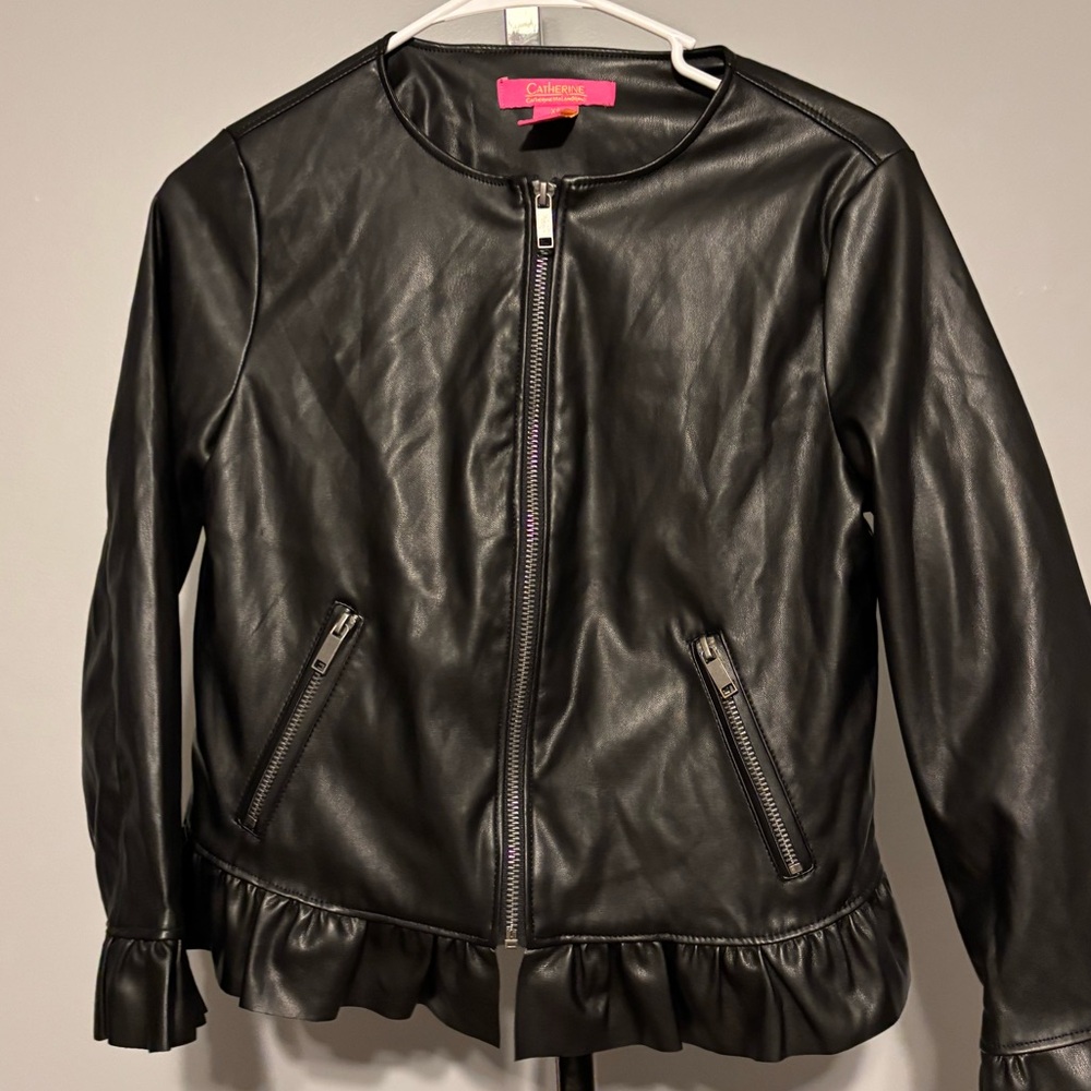 Catherine Malandrino Ruffled Faux Leather‎ Jacket Black Size XS  Women Full Zip